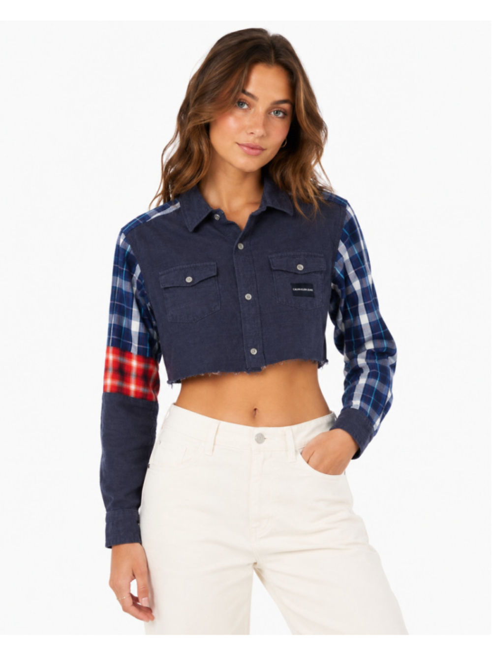 Calvin Klein Jeans Women's Mixed Media Plaid Cut-Off Button Front Shirt